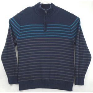 Carbon Sweater Mens 2XL Blue Knit Striped 100% Cotton Mock Neck 1/4 Zip Pullover